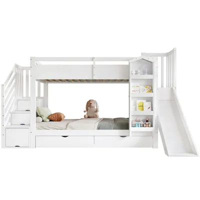 Produktbild von Etagenbett mit 2 Liegeflächen, Rutsche, Treppe, Regal, Schubladen, Stauraum und Rausfallschutz, 90x200cm, Kinderbett, Jugendbett, Kiefer