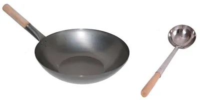 Produktbild von WOK SET, 31FB-K02, Wok Pfanne 31 cm Ø flacher Boden Kohlenstoffstahl + Wokkelle 02 Edelstahl 44 cm mit Holzgriff genietet, Pfanne geeignet für Gas, Induktion, Glaskeramik und Elektro, AAF Nommel ®