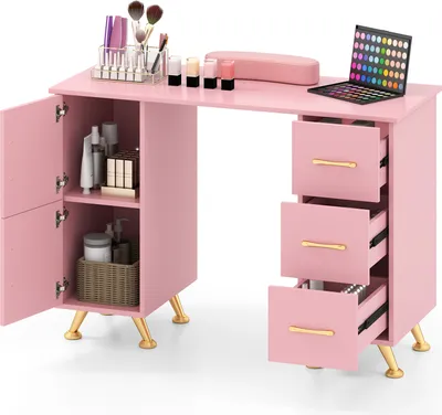 A pink vanity desk with makeup and accessories on display, set against a white background.