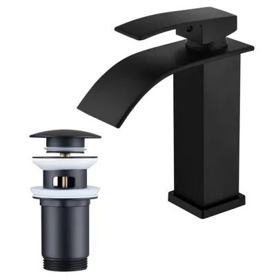 Produktbild von Homelody Wasserhahn Bad mit Pop-Up Ventil Messing Ablaufgarnitur,Schwarz Waschtischarmatur Wasserfall,Waschbecken Armaturen fur waschbecken,Edelstahl