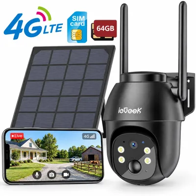 Produktbild von ieGeek 4G LTE überwachungskamera Außen Akku 9600mAh Solarpanel PTZ IP Kamera Outdoor Farbnachtsicht PIR Sensor 2 Wege Audio IP65 64GB