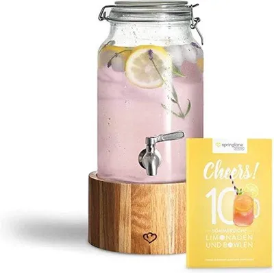 Image de Distributeur de boissons Famanu, 3,8 litres - Robinet en acier inoxydable - Verre - Support en bois de chêne