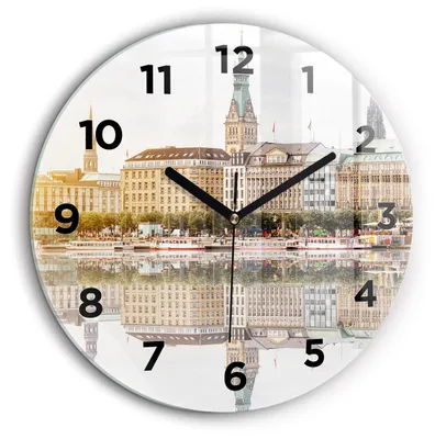 Obrázok produktu pre Wallfluent Hodiny - Okrúhle Sklenené Nástenné Hodiny - Tichý Quartz Strojček - Dekorácia Na Stenu V Spálni - Čierne Hodinové Ručičky - 60cm - Hamburg River Nemecko