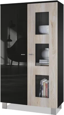 Produktbild von Vladon Vitrine Denjo,  Germany, Standvitrine mit 2 Türen und 3 Glaseinsätzen, Schwarz matt/ Schwarz Hochglanz/ Eiche Nordic (71 x 129 x 35 cm)