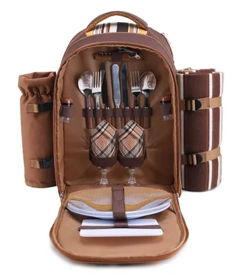 Image de Sac de pique-nique pour 2 personnes, avec accessoires et couverture, sac isotherme, couleur marron