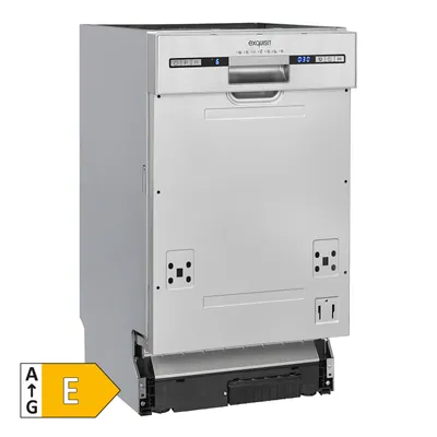 A dishwasher seen from a slight angle, with an energy efficiency label in the corner.