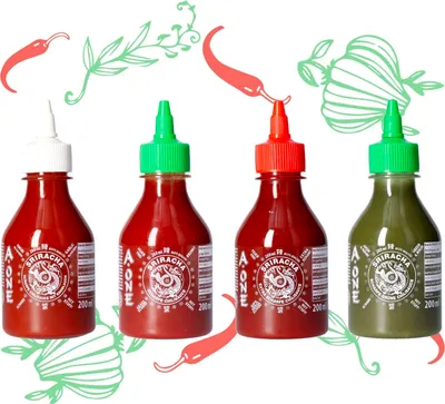 Produktbild von Sriracha Sauce 4er Set x 200ml - Scharfe Chilisauce mit 4 Geschmacksrichtungen - Klassik Scharf, Super Hot, Knoblauch, Grün - Probierpack Würzsaucen