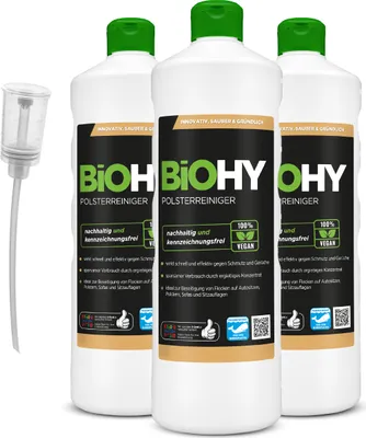 Produktbild von BiOHY Spezial Polsterreiniger (3x1l Flasche) + Dosierer | Ideal für Autositze, Sofas, Matratzen etc. | Ebenfalls für Waschsauger geeignet