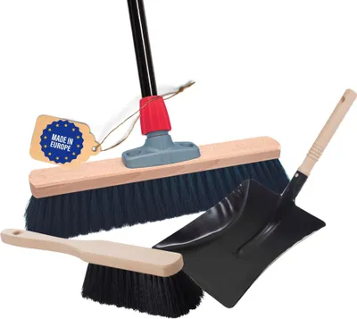 Produktbild von Novaliv Saalbesen Besen mit Stiel 40 cm Borsten Kunstborsten inkl. Kehrgarnitur schwarz bestehend aus Kehrblech und Handfeger besen fein Ideal als Werkstattbesen Hallenbesen mit Stiel Industriebesen