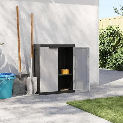 Produktbild von Gartenschrank Grau und Schwarz 65x37x85 cm PP, Geräteschuppen, Gerätehaus, Wetterfest, Outdoor Schrank, Gartenhausschränke, Terrassenschrank - 364199