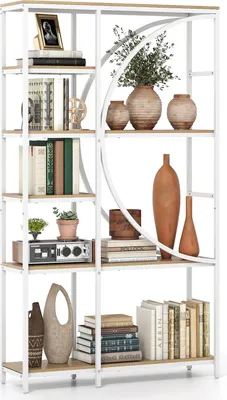 A white and natural wood bookshelf filled with decorative items and books.
