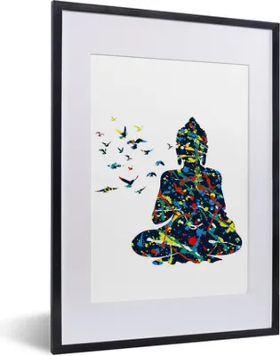 Produktbild von MuchoWow® MuchoWow® Gerahmtes Poster Buddha - Vögel - Farbe 30x40 cm - Poster mit zchwarzem Bilderrahmen - Wandposter Schlafzimmer
