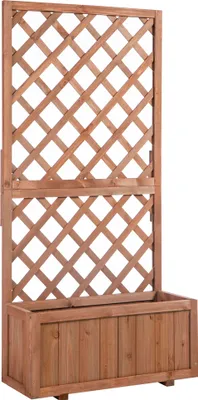 Produktbild von Hochbeet Pflanzenkasten mit Rankgitter, Spalier Pflanzkübel, Blumenkasten Holz, 72,5x31,5x149,5cm für Garten Balkon Terasse, Blumenkübel für Kletterpflanzen, Blumen, Orange