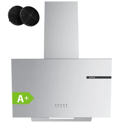 A stainless steel range hood with two charcoal filters shown separately.