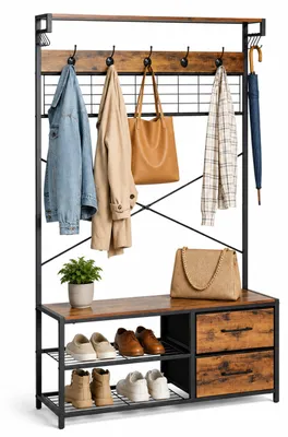 Immagine prodotto di Relaxdays, appendiabiti con ripiano per scarpe, ganci, 2 cassetti e ripiani, dimensioni: 176 x 80 x 30 cm, portaabiti, marrone/nero, Immagine generata dall'IA