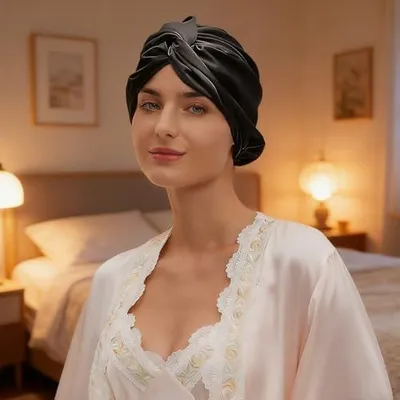 Imagen del producto de Gorro de seda de doble capa con diseño trenzado, diadema elástica para proteger y peinar el cabello