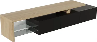 Obrázok produktu pre Fortuna Lai LED TV stolík biely vysoký lesk s LED osvetlením, 2 sklenenými policami a 2 otvorenými priehradkami, TV skrinka TV stolík Skrinky do obývačky, Š/V/D:200/42/39cm, čierna/príroda