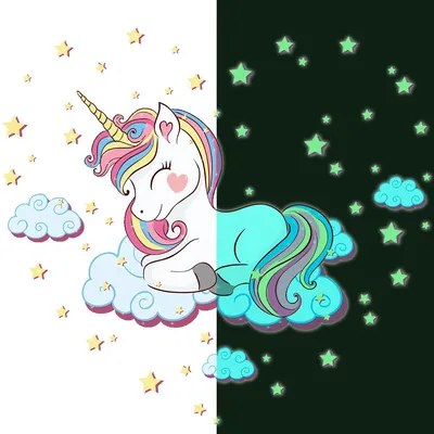 Produktbild von Leuchtsticker – EINHORN IN DEN WOLKEN – Fluoreszierender Wand-/Deckensticker für Kinder – 120 x 140 cm