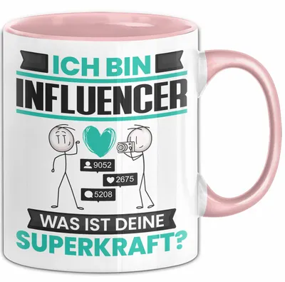 Produktbild von Influencer Tasse Geschenk für Influencer Geburtstag Lustiger Spruch Kaffee-Becher Was Ist Deine Superkraft (Rosa)