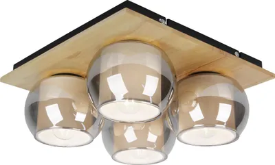 Obrázok produktu pre Stropné svietidlo "TEXAS" s 4 bodovými reflektormi, rozmer: 36 cm, farba: čierna / dymová / biela / prírodná, materiál: železo / drevo / sklo / textília, vrátane 4 žiaroviek E27, maximálny výkon: 5 W