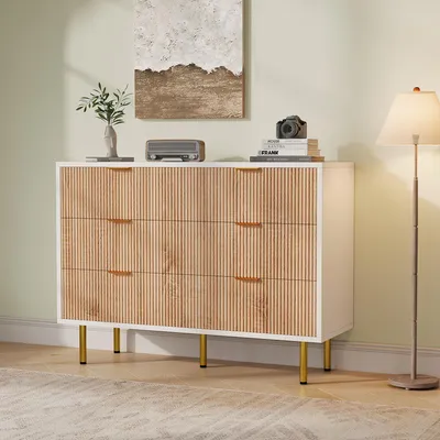 Immagine prodotto di Cassettiera Fortuna Lai 100 cm con 6 cassetti, credenza portaoggetti con maniglie e gambe dorate, colori bianco e legno, design moderno per soggiorno, camera da letto e corridoio
