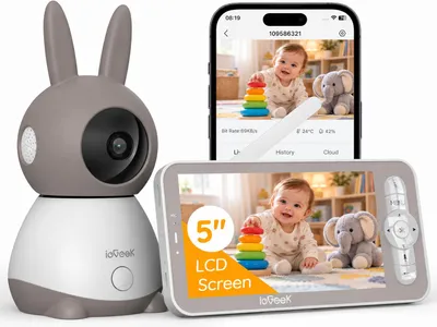 Productafbeelding van ieGeek Babyfoon 2K, 5" scherm, WLAN, pan-tilt-zoom (PTZ), 360° beeld, nachtzicht, app-bediening, bewegingsdetectie, automatische tracking, huilherkenning, temperatuurweergave
