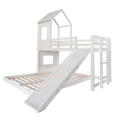A white wooden bunk bed with a slide and a house-like structure on top, shown against a white background.