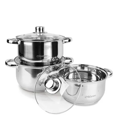 A set of stainless steel pots with glass lids, arranged in a stacked formation against a white background.
