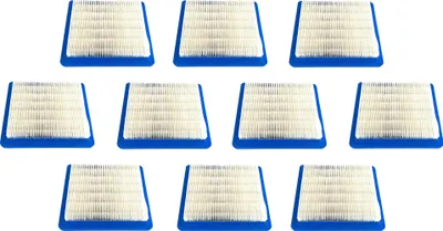 A collection of air filters arranged in rows on a white background.