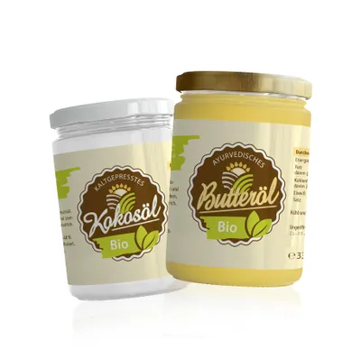 Produktbild von LaFiNa  Probierset Ghee -Butteröl 330g +  Kokosöl 330g | Kennenlernpaket 2x330g Glas | -10% Sparpaket | Ayurveda Butteröl + Natives Kokosfett