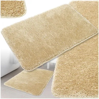 Produktbild von Badematte 50x80 cm Beige – Weicher & glänzender Badezimmerteppich, waschbar & für Fußbodenheizung geeignet, rutschfest
