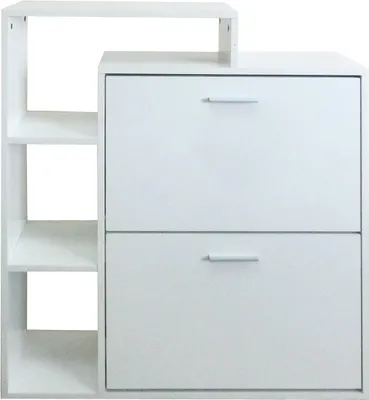 A white shoe cabinet with shelves on the left and two drawers on the right.