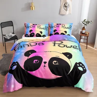 Zdjęcie produktu dla Komplet pościeli z motywem pandy, 155x220 cm, 2 poszewki 80x80 cm, mikrofibra, kolorowy wzór