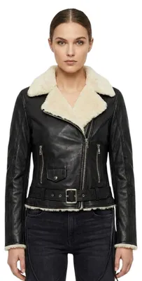 Produktbild von Damen Lederjacke Isaco Ramoneska Schwarzes Leder mit Fell L