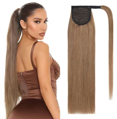 Immagine prodotto di Estensione per capelli liscia, in vero capello, color castano chiaro, lunghezza 50 cm, peso 95 grammi