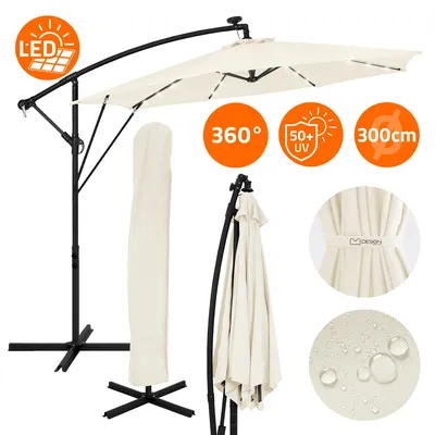 Obrázek produktu pro ML-Design Slunečník Ø300cm s LED solárním béžovým hliníkovým slunečníkem s krytem kliky a stojanem, ochrana před sluncem a voděodolný, otočný a sklopný