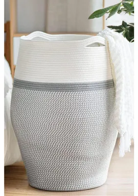 Produktbild von Wäschekorb Groß Geflochten Baumwollseil Weiß/Grau 65cm Hoch