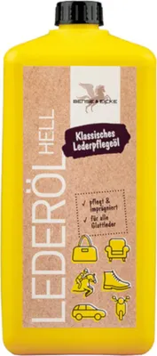 A yellow bottle of leather care oil with a label showing product details and illustrations of items that can be treated.