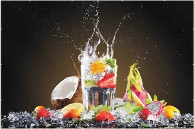 Produktbild von Wallario Wandbild Tropische Früchte in einem erfrischenden Drink, Größe: 61 x 91,5 cm, Poster mit rahmenlosen Bildhalter