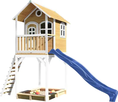 Produktbild von AXI Spielhaus Romy mit Sandkasten & blauer Rutsche | Stelzenhaus in Braun & Weiß aus  Holz für Kinder | Spielturm für den Garten