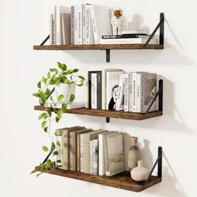 Produktbild von 3er-Set Wandregale, Wandbücherregal, Wandregal aus Holz, schwebendes Regal für Wohnzimmer, Schlafzimmer, Küche, Badezimmer und Arbeitszimmer, 60 x 20 cm, Vintage-Braun
