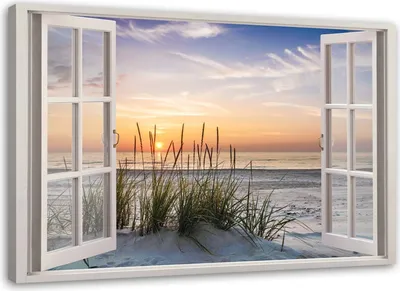 Image de Toile vue de la fenêtre sur la plage 100x70 cm Feeby couleur tableau mural prêt à accrocher
