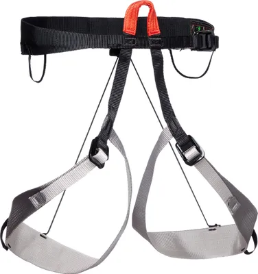 Schwarz-grauer Klettergurt "Couloir 3S Harness" von Black Diamond mit orangefarbener Schlaufe; geeignet für Klettern.