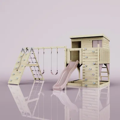 Produktbild von OutdoorToys Spielturm Aksel aus Holz in Rosa Altrosa, mit Kinderschaukel