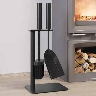 Image de set d'outils 3 pièces pour la cheminée avec brosse, pelle et support - compact et élégant