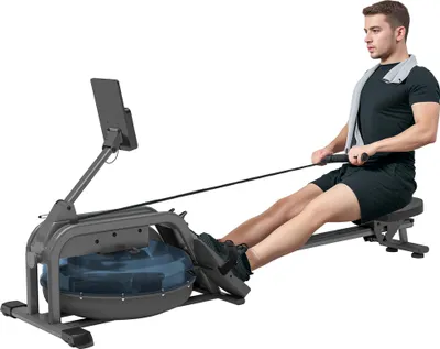 Image de SPORTNOW Rameur à eau, rameur musculation d'appartement, 6 niveaux de résistance, écran LCD et support de tablette, rangement vertical avec roulettes, charge max.135 kg, acier