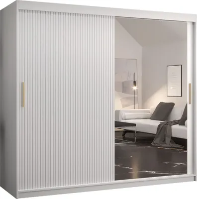 Produktbild von MIRJAN24 Kleiderschrank Riflo Slim 2 200, Schwebetürenschrank mit zwei Kleiderstangen, Garderobe mit Frontspiegel (Farbe: Weiß, Größe: 200 cm)