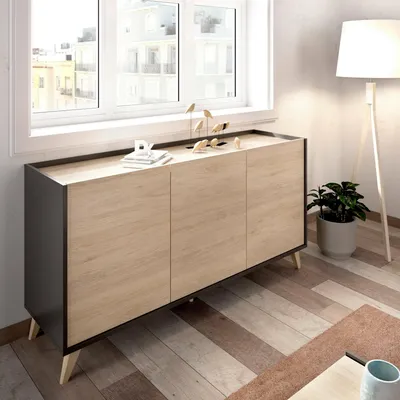 Produktbild von Sideboard Dadop, Buffet für Wohnzimmer, Modernes Sideboard für Wohnzimmer mit 3 Türen, 155x43h75 cm, Eiche und Anthrazit