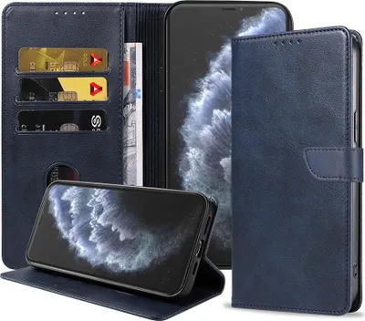 Produktbild von Fit für iPhone 11 Pro Max Handyhülle Kunstleder mit magnetischer Lippe und Kartenhalter Buchhülle mit Klappe - Blau - Smartphonica