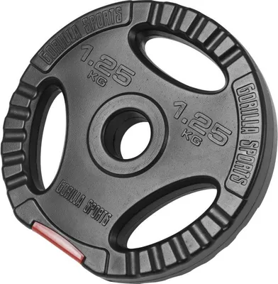 A black weight plate with cutouts and embossed text, set against a white background.